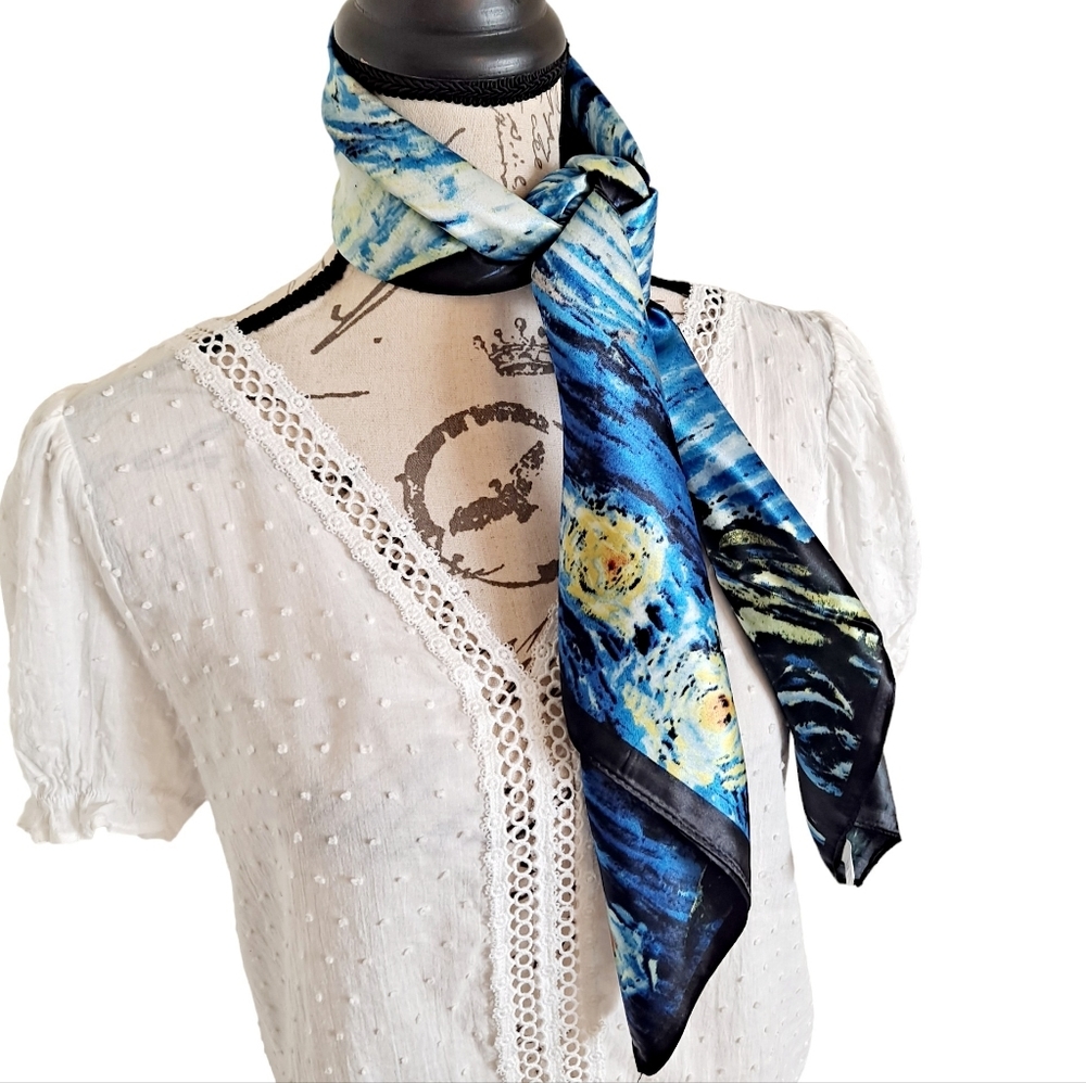 💖 2/$30 Square Satin abstract art oil painting blue Hair neck or purse Scarf - Picture 10 of 14